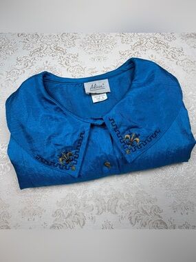 Vintage Alicia Blue Embroidered Collar Shirt, 8, Shoulder Pads